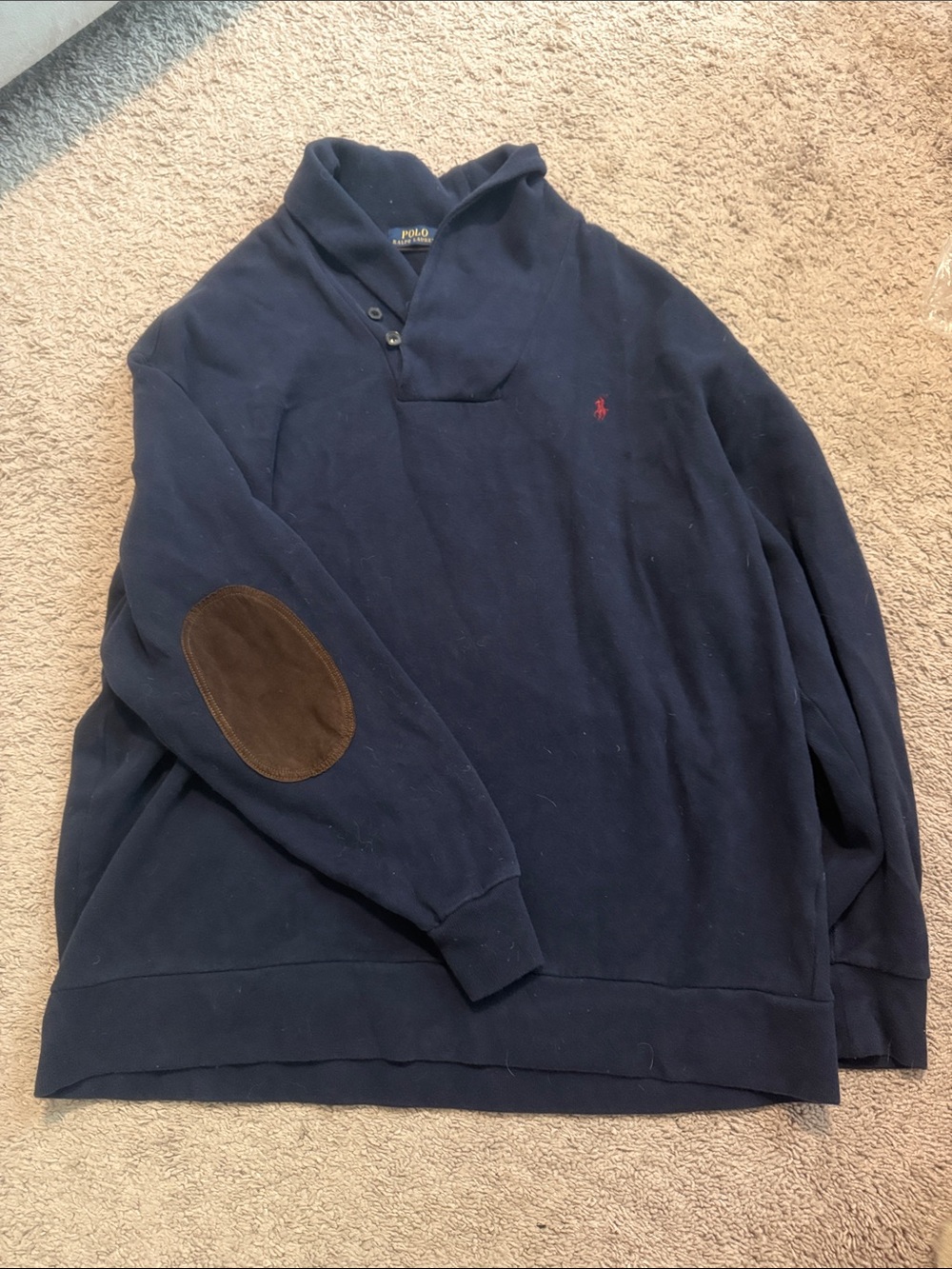 Polo by Ralph Lauren Navy Shawl-Neck Sweater with Brown Elbow Patches